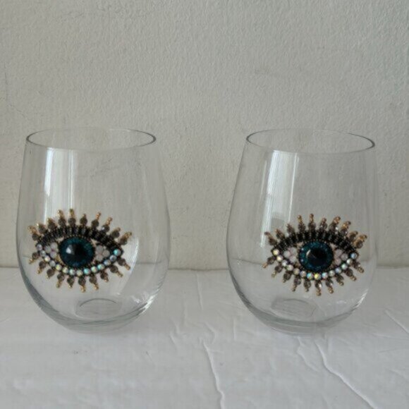 ! Rachel Zoe 2 Pc Jewel Rhinestone Hamsa Evil Eye Stemless Wine Glasses - Picture 6 of 10